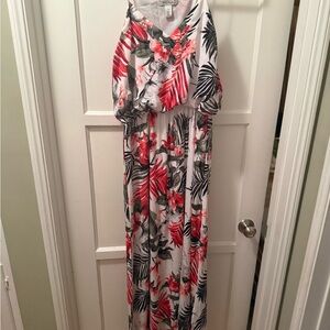 White House Black Market Floral Tropical Maxi Dress with Pink & Green Leaves